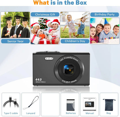 FHD 4K Digital Camera Compact Small Travel Camera for Boys Girls Teens Gift 16X Zoom Point and Shoot Digital Vlogging Camera