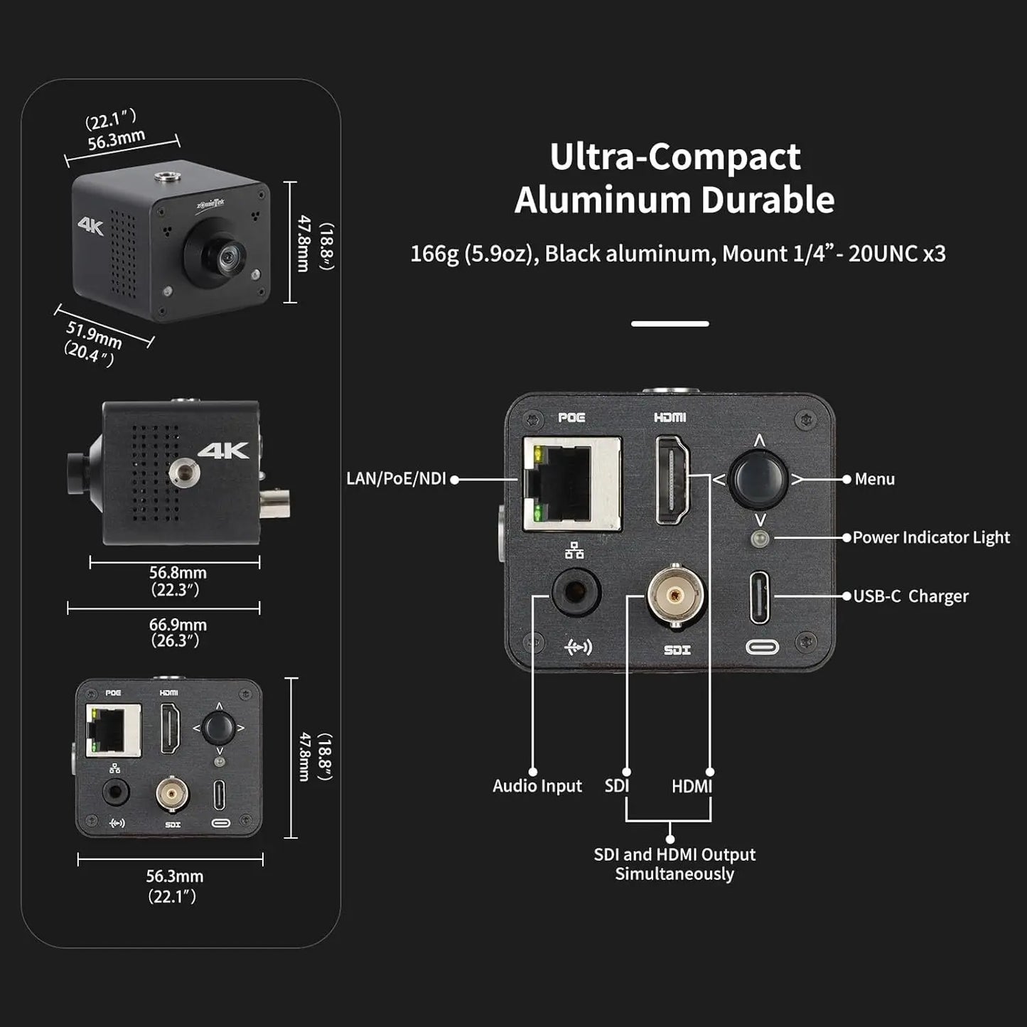 4K NDI POV Box Camera (CS), ZowieCAM 5-50mm 12MP C-Mount Low Distortion Zoom Lens