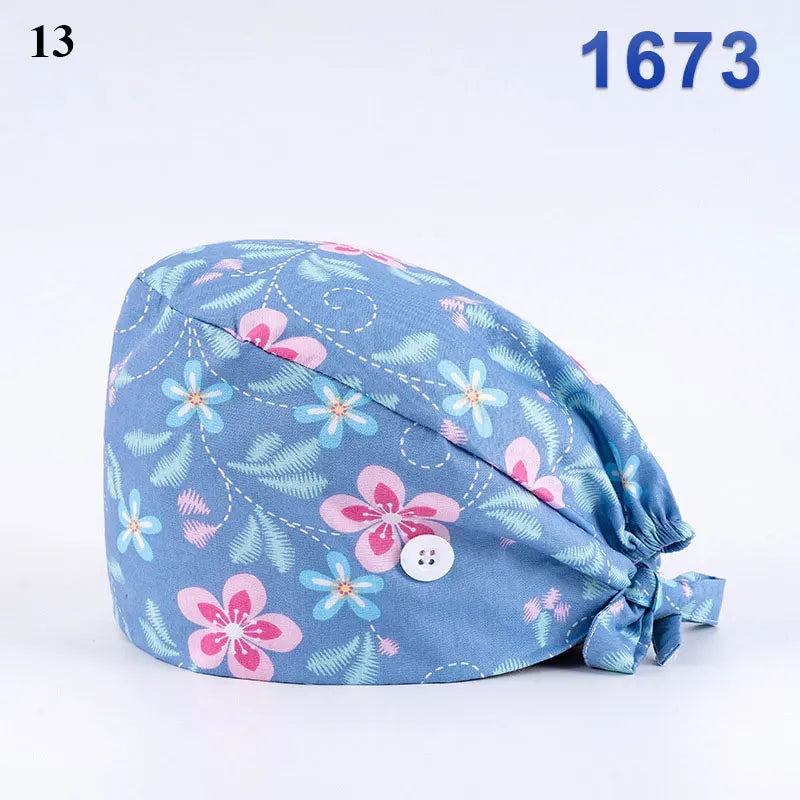 Floral Soft Hat Printing Nurse Sweat-absorbent Head Wrap Towel Surgical Anti-Dirty Pure Cotton Cap With Button Scrub Cap