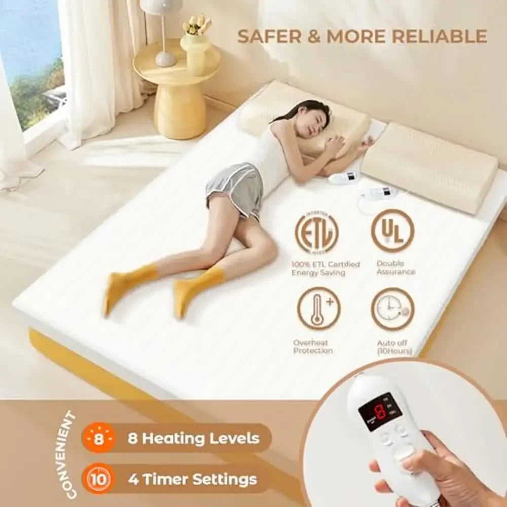 Heated Mattress Pad Dual Control 8 Heat Levels 4 Timings Queen Size Bed Warmer UL&ETL Certified Pain Relief Anxiety Reduction