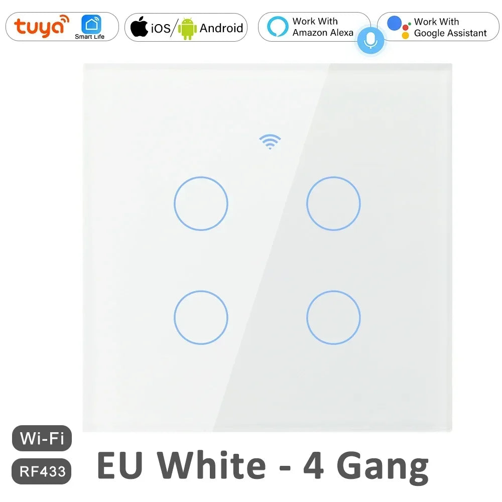 1 2 3 4 Gang 2 3 Way WiFi RF 433mhz Smart Wireless Touch Wall Light with Switch Button 220V with no Neutral EU Tuya Alexa Google