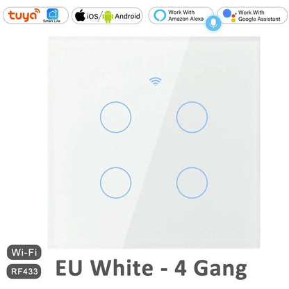1 2 3 4 Gang 2 3 Way WiFi RF 433mhz Smart Wireless Touch Wall Light with Switch Button 220V with no Neutral EU Tuya Alexa Google