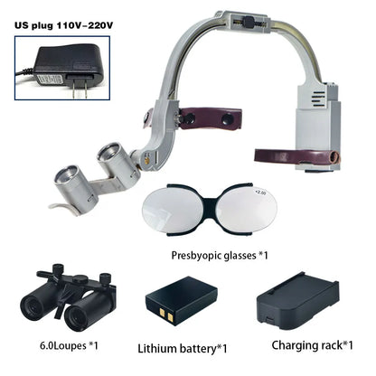 Dental 2.5X 3.5X 5X 6X Optional Loupe Magnification Binocular Surgical Magnifier with Headlight LED Light Dentist Medical Loupes