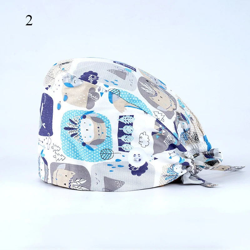 Floral Soft Hat Printing Nurse Sweat-absorbent Head Wrap Towel Surgical Anti-Dirty Pure Cotton Cap With Button Scrub Cap