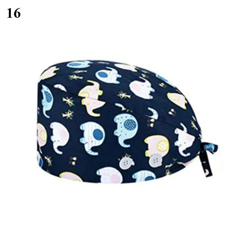 Floral Soft Hat Printing Nurse Sweat-absorbent Head Wrap Towel Surgical Anti-Dirty Pure Cotton Cap With Button Scrub Cap