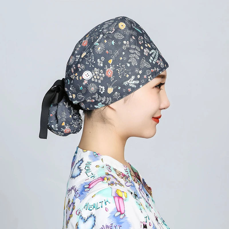 Printed Surgical Cap Scrub Cotton With Button Doctor Wrap Long Hair Adjustable Lace-up Women Beauty Care Hospital Accessories