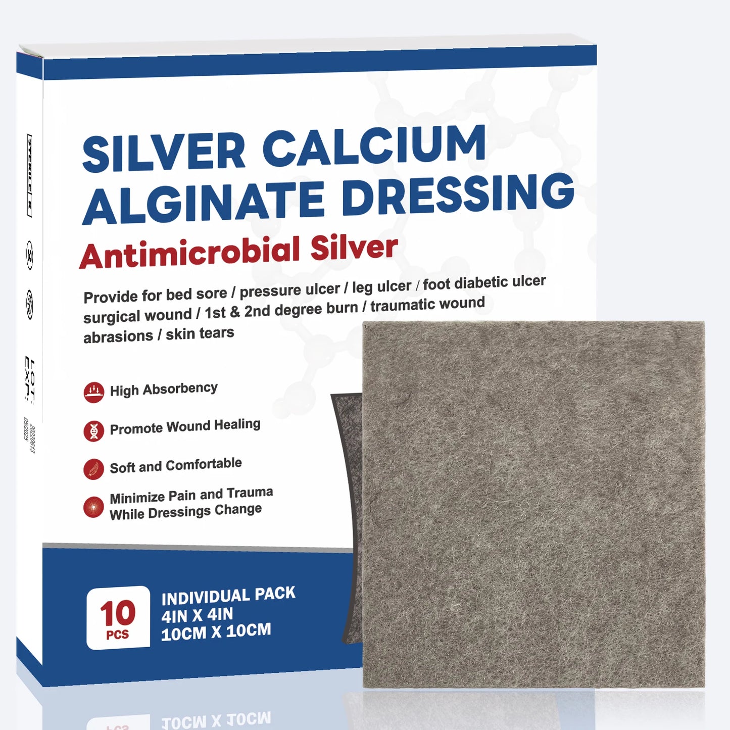 4''x4'' 10pcs Ag Silver Calcium Alginate Wound Dressing Pads Soft Silver Highly Absorbent Dressings for Wound Care