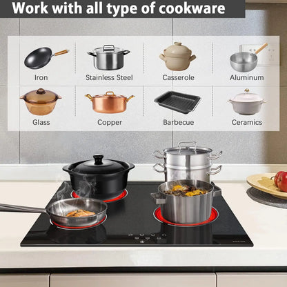 Ceramic Cooktop, Built-in 4 Burners Electric Stove Electric Cooker Hob With Touch Control Child Lock Timer Easy To Clean with Ha