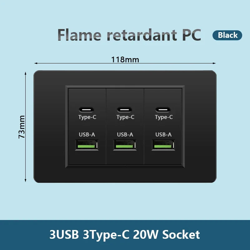Korea Chile standard 20W Super Fast smart Charge Type C USB Port Power Wall Socket Plug,118*73mm Quick Charge electrical Outlet