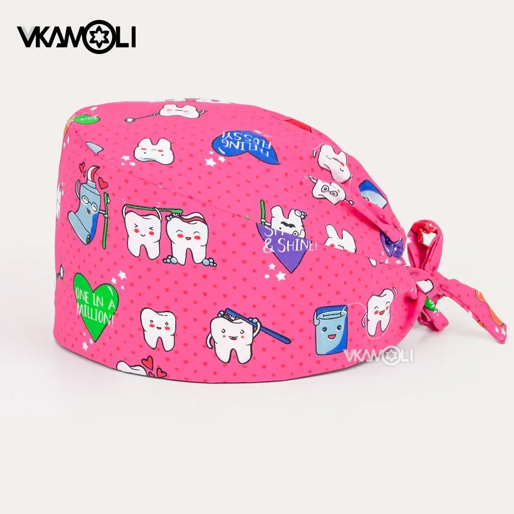 vkamoli Red series women Soft Hat Printing Nurse Sweat-absorbent Head Wrap Towel Surgical Anti-Dirty Pure Cotton Cap Scrub Cap