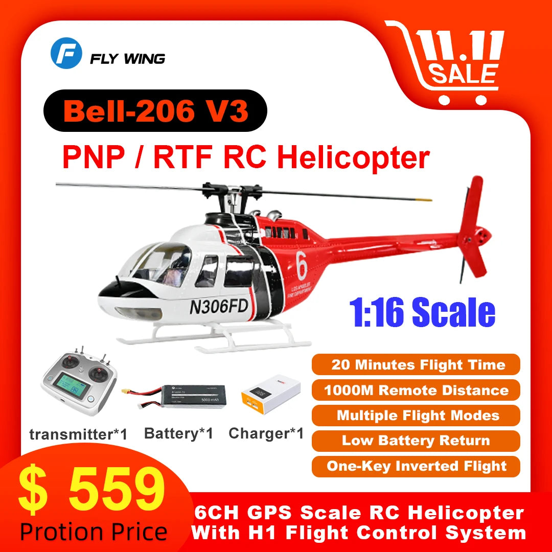 Flywing Bell 206 RC Helicopter V3 6CH GPS Altitude Hold Two Rotor 1:16 RC Scale Helicopter PNP RTF With H1 Flight Control System