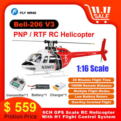 Flywing Bell 206 RC Helicopter V3 6CH GPS Altitude Hold Two Rotor 1:16 RC Scale Helicopter PNP RTF With H1 Flight Control System