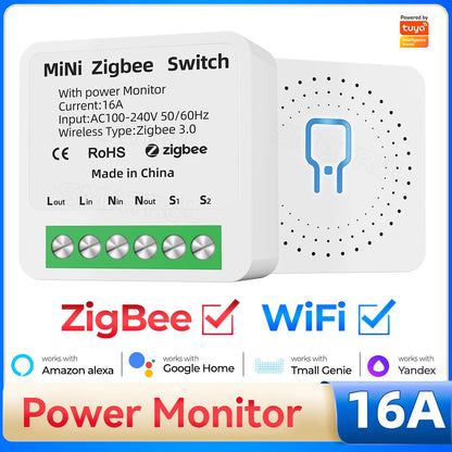 Tuya Smart Home ZigBee WiFi Smart Switch with Power Monitor 16A Mini Breaker Voice Control for Homekit Siri Alexa Google Alice