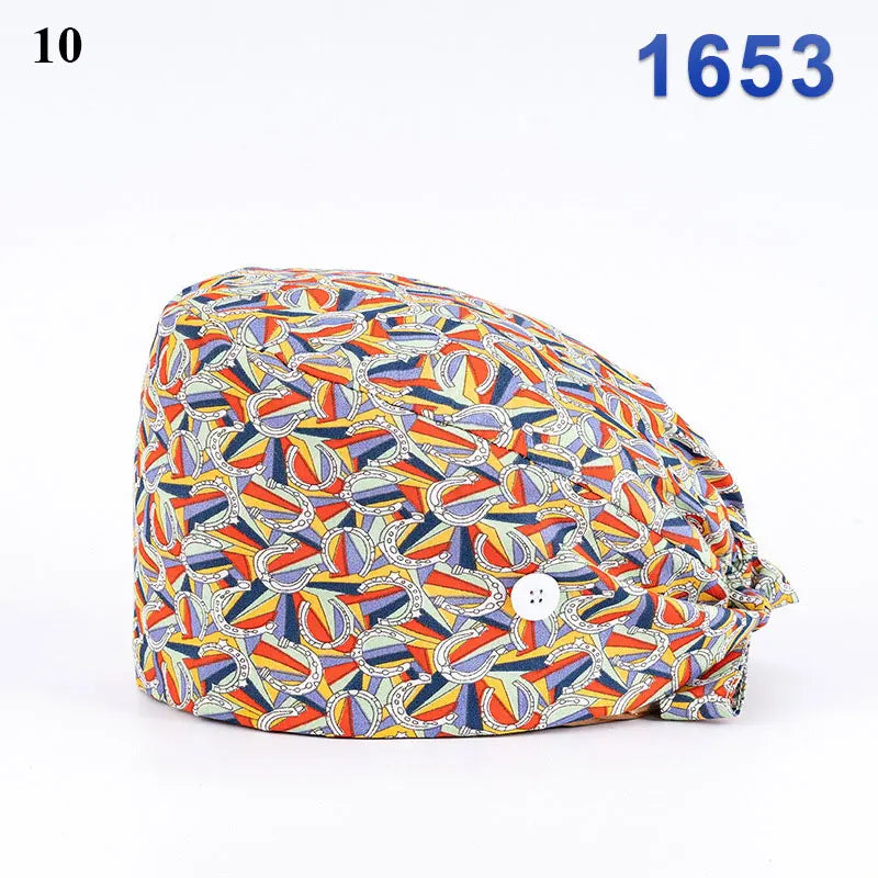 Floral Soft Hat Printing Nurse Sweat-absorbent Head Wrap Towel Surgical Anti-Dirty Pure Cotton Cap With Button Scrub Cap