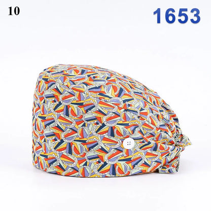Floral Soft Hat Printing Nurse Sweat-absorbent Head Wrap Towel Surgical Anti-Dirty Pure Cotton Cap With Button Scrub Cap