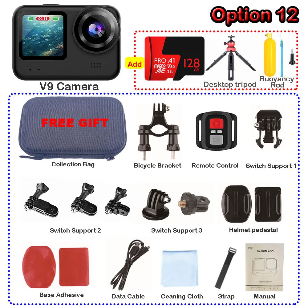 4K60FPS 20MP Action Camera 5M Body Waterproof EIS DVR 170D Sports Video Recording Dual Display 2" Touch Screen 1080P Webcam