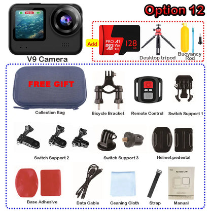 4K60FPS 20MP Action Camera 5M Body Waterproof EIS DVR 170D Sports Video Recording Dual Display 2" Touch Screen 1080P Webcam