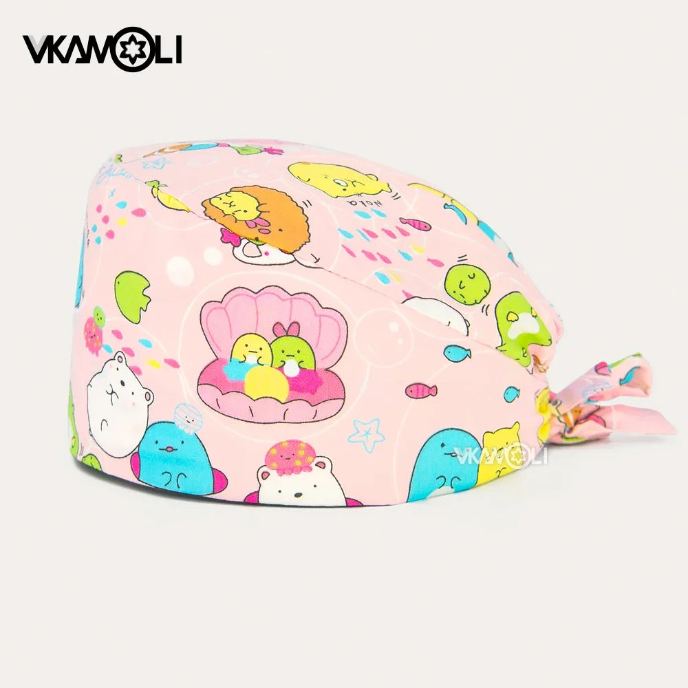 vkamoli Red series women Soft Hat Printing Nurse Sweat-absorbent Head Wrap Towel Surgical Anti-Dirty Pure Cotton Cap Scrub Cap