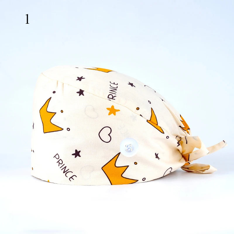Floral Soft Hat Printing Nurse Sweat-absorbent Head Wrap Towel Surgical Anti-Dirty Pure Cotton Cap With Button Scrub Cap