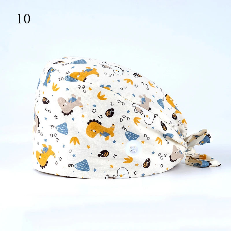Floral Soft Hat Printing Nurse Sweat-absorbent Head Wrap Towel Surgical Anti-Dirty Pure Cotton Cap With Button Scrub Cap
