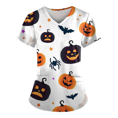 Women's medical gown Halloween pumpkin Christmas reindeer V-neck clinical gown short sleeved patch top women's surgical nurse