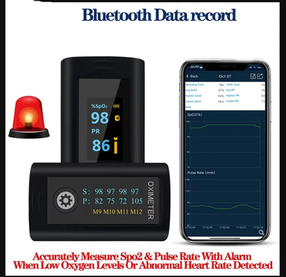 Bluetooth Finger Pulse Oximeter Sleep Monitoring Alarm Blood Oxygen Heart Rate Saturation Meter Internal Storage Log Data