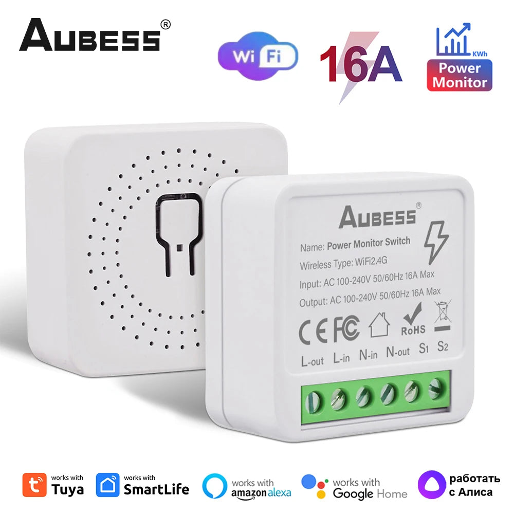 16A WiFi Tuya Smart Switch 2-way Mini Breaker Module With Energy Monitor Smart Home Control Via Alexa Google Alice SmartLife
