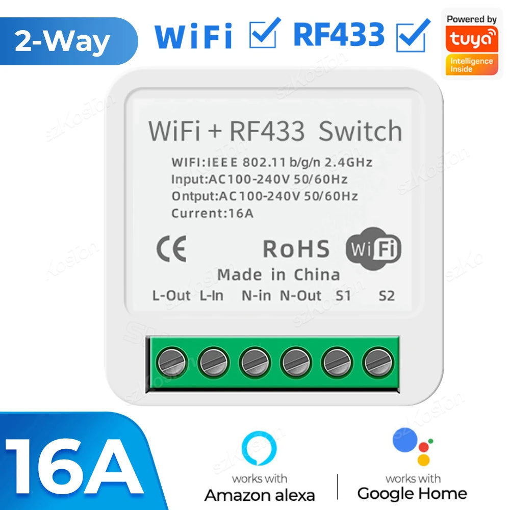 RF433 WiFi Smart Switch Tuya 16A Home Mini Relay Receiver DIY Light Switch Automation Controller Voice Works with Alexa Google