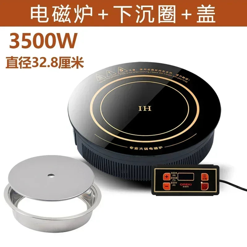 220V 32.8CM OREKI Round Commercial Built-in Hob with Line Control, 3000W Copper Hot Pot Induction Cooker for Hot Pot Shop