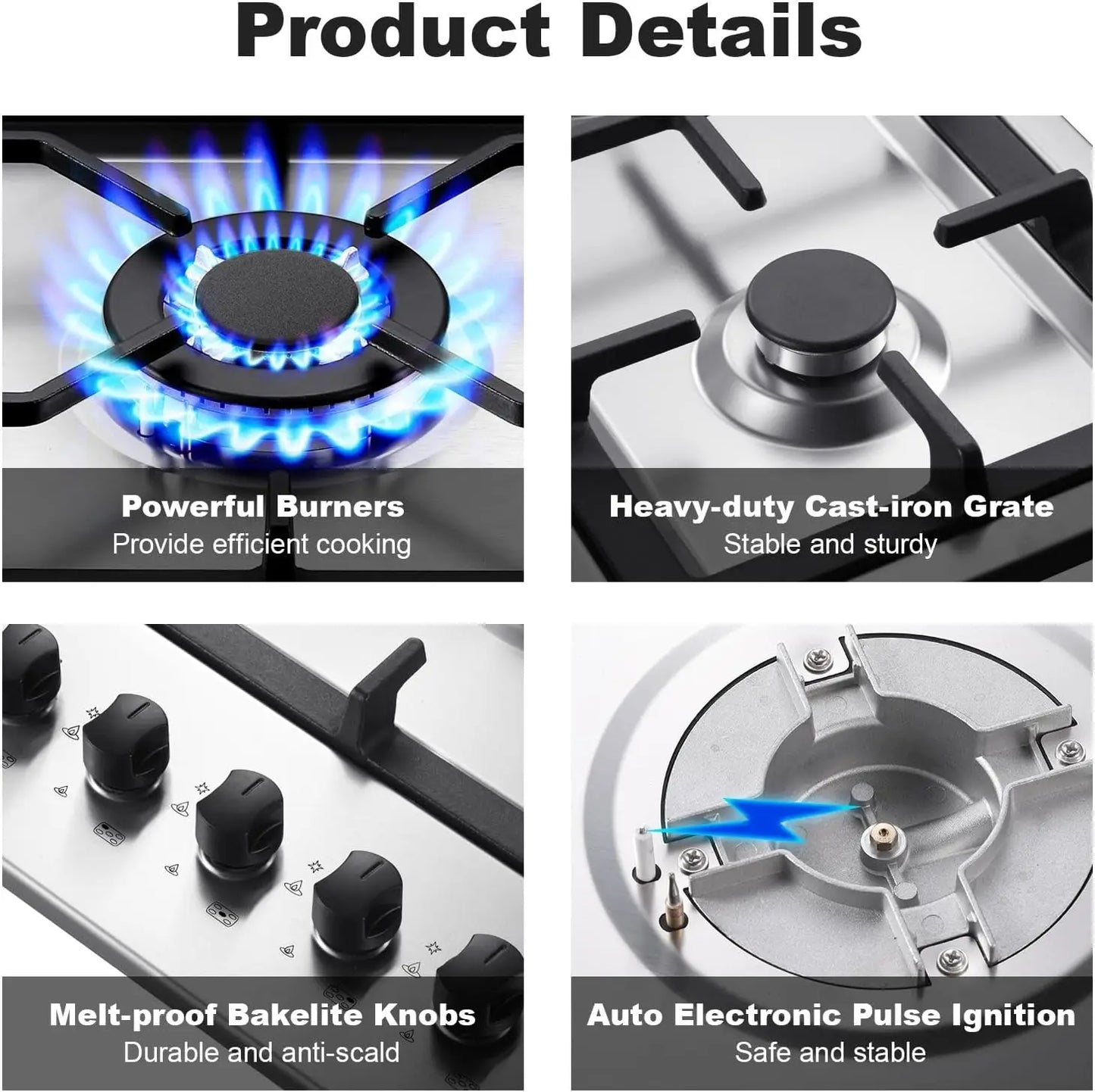 36 Inch Gas Cooktop 5 Burner Gas Stove Top Total 34,588 BTU Built-in Stainless Steel 36Inch Gas Hob with Thermocouple Protection