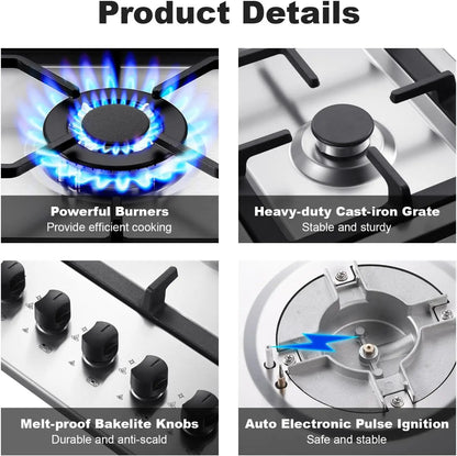 36 Inch Gas Cooktop 5 Burner Gas Stove Top Total 34,588 BTU Built-in Stainless Steel 36Inch Gas Hob with Thermocouple Protection