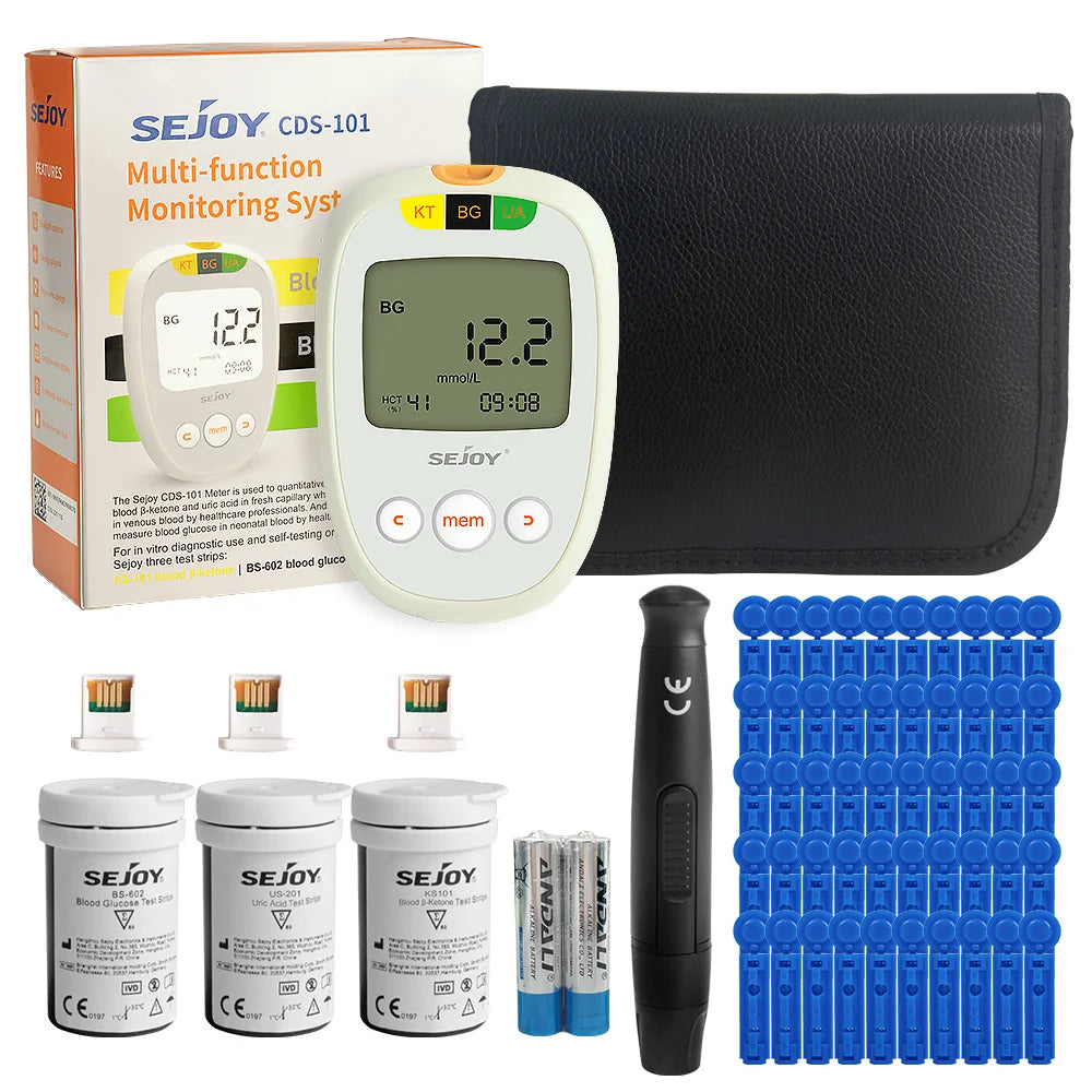 Glucose & Ketone Uric Acid Testing Meter Kit, Ketosis & Diabetes Management. 150 Test Strips (50 Each), Lancets, Lancing Device