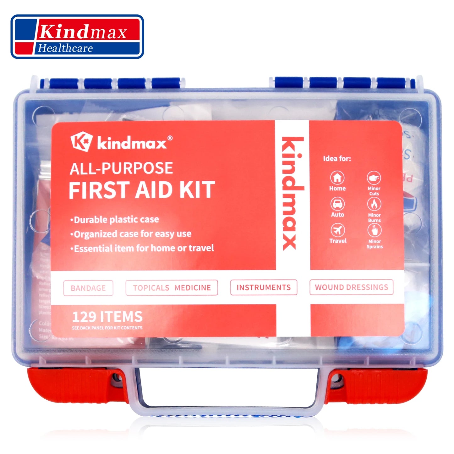 Kindmax First Aid Kit, 129 Pieces Equipment Emergency Kit, Bandages Surgical Tape, for Home, Car, Outdoor Camping and Sports