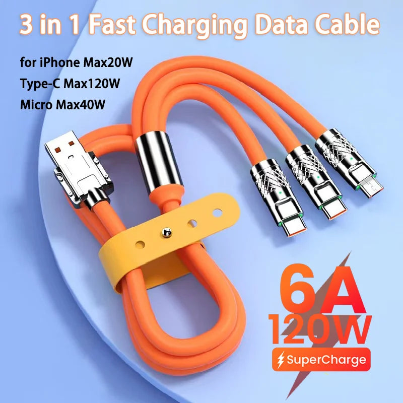 120W 6A 3 in 1 Fast Charging Type C Cable Micro USB for iPhone Charging Cable For Samsung Huawei Xiaomi Phone Charger USB Cable