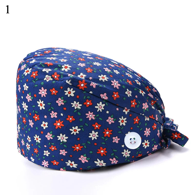 Floral Soft Hat Printing Nurse Sweat-absorbent Head Wrap Towel Surgical Anti-Dirty Pure Cotton Cap With Button Scrub Cap