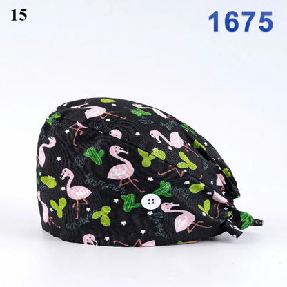 Floral Soft Hat Printing Nurse Sweat-absorbent Head Wrap Towel Surgical Anti-Dirty Pure Cotton Cap With Button Scrub Cap