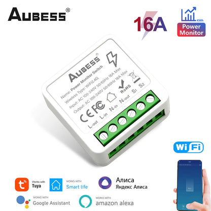 Tuya Smart Zigbee/WiFi Switch With Energy Monitor 16A 2-way Control Mini Breaker Smart Life Control For Alexa Google Home