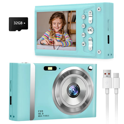 FHD 1080P Digital Camera for Kids Video Camera with 32GB SD Card 16X Digital Zoom Compact Point and Shoot Camera for Students