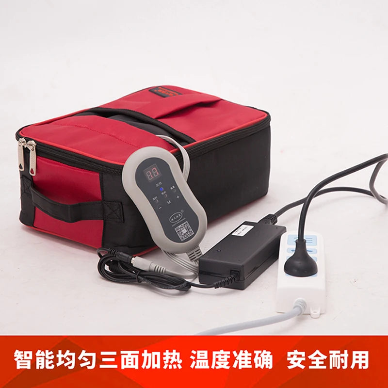 Abdominal dialysate heating package incubator for household/vehicle plug-in peritoneal dialysis supplies