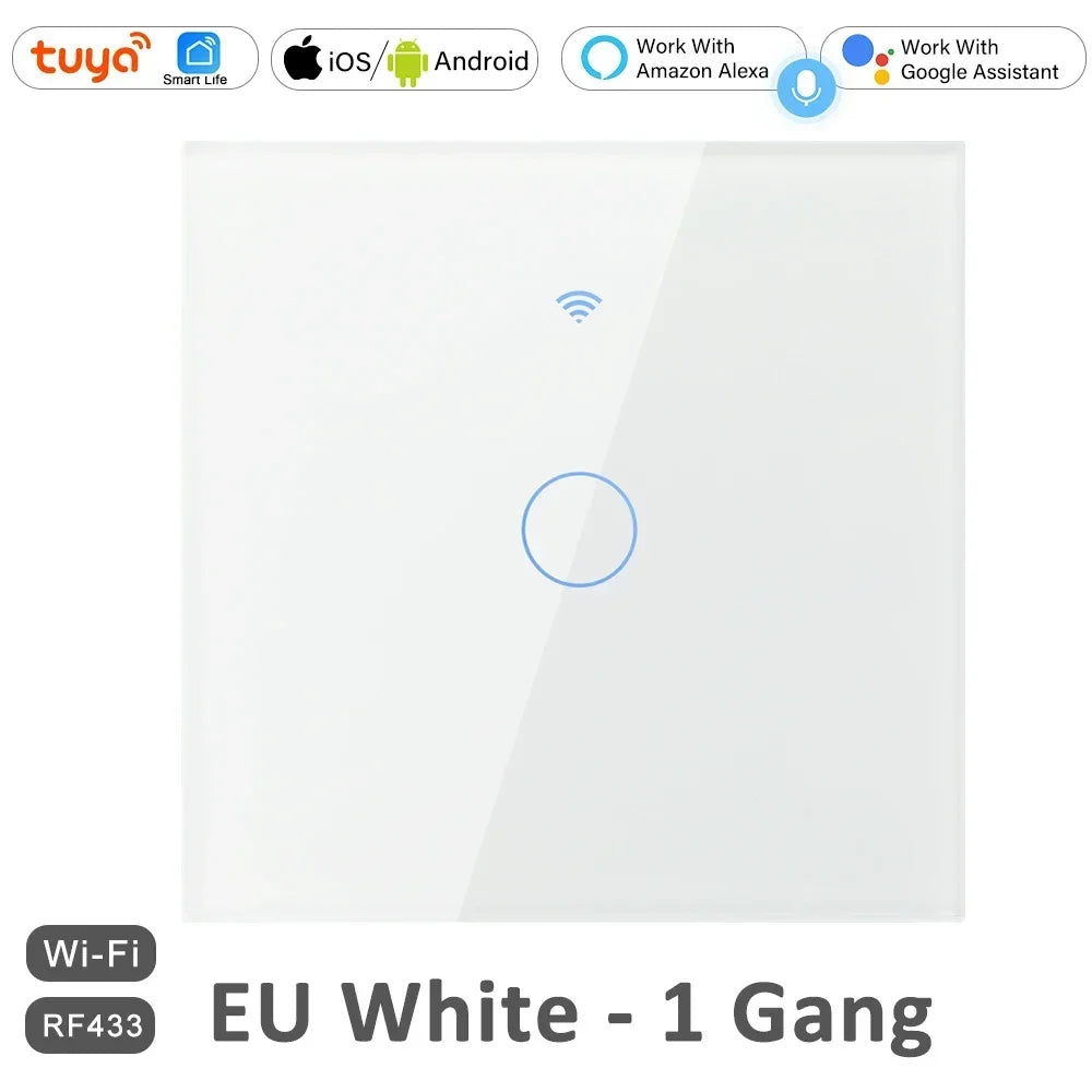 1 2 3 4 Gang 2 3 Way WiFi RF 433mhz Smart Wireless Touch Wall Light with Switch Button 220V with no Neutral EU Tuya Alexa Google