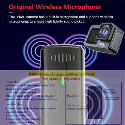 Action Camera F6W Wireless Mic 5K 4K60FPS 48MP 2.2" Touch LCD EIS Dual Screen Wi-Fi 170D Waterproof 30M 8X Zoom Sports Camera