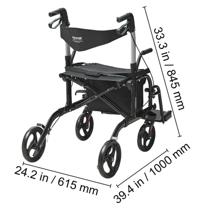 VEVOR 2 in 1 Rollator Walker & Transport Chair for Seniors Folding Rolling Walker Wheelchair Combo & Aluminum Mobility Walker