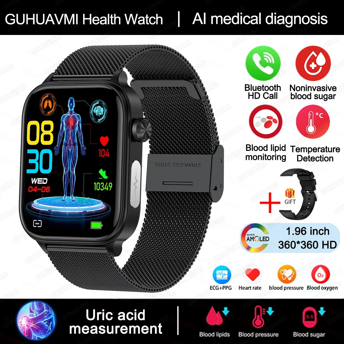 2024 New ECG+PPG Uric Acid Non-Invasive Blood Glucose Smartwatch Men Bluetooth Call Heart Rate Blood Pressure Smart Watch Women
