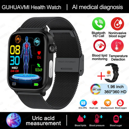 2024 New ECG+PPG Uric Acid Non-Invasive Blood Glucose Smartwatch Men Bluetooth Call Heart Rate Blood Pressure Smart Watch Women