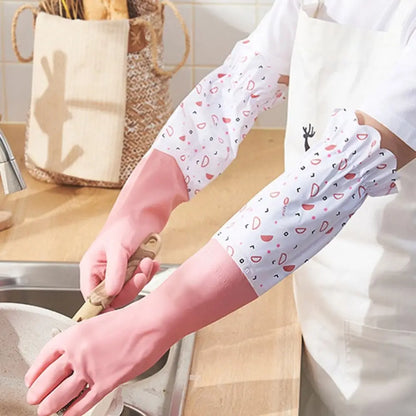 Latex Rubber Dish Washing Gloves Velvet Elastic Cuffs Housework Gloves Long Sleeve Waterproof Winter Cleaning Gloves Kitchen