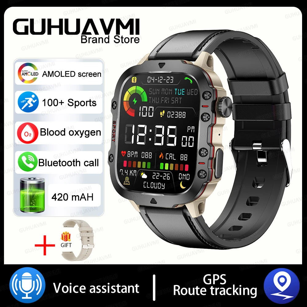 2024 New Rugged Military GPS Smart Watch Men AMOLED HD Screen Heart Rate Bluetooth Call Waterproof Outdoor SmartWatch For Xiaomi
