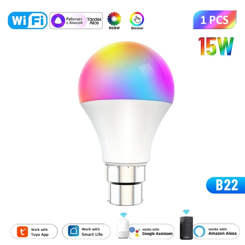 Tuya WiFi E27 B22 Smart Dimmable Bulb RGBCW 100-240V LED Smart Light Smart Life App Control Support Alexa Google Home Alice
