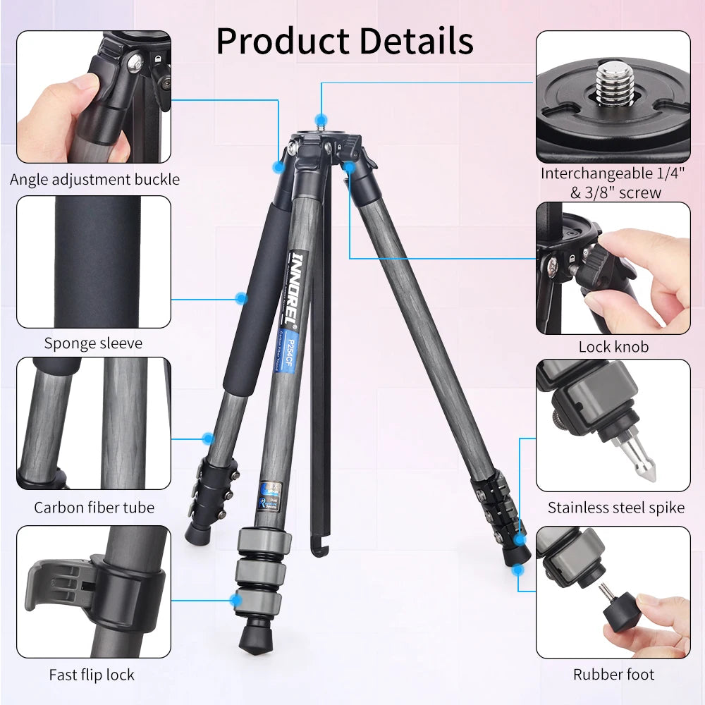 INNOREL P254CF Camera Carbon Fiber Professional Compact Tripod With Special-Shaped Center Column Load 12kg For Travel Shooting