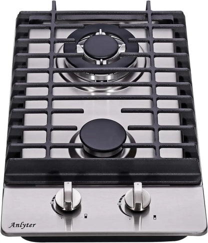 12 Inch Gas Cooktop, 2 Burners Built-in Gas Stovetop Stainless Steel Gas Stove Top LPG/NG Convertible Dual Fuel Sealed Hob