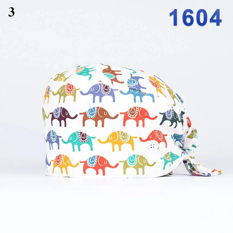 Floral Soft Hat Printing Nurse Sweat-absorbent Head Wrap Towel Surgical Anti-Dirty Pure Cotton Cap With Button Scrub Cap